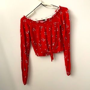 Red Long Sleeve Off the Shoulder Flower Blouse